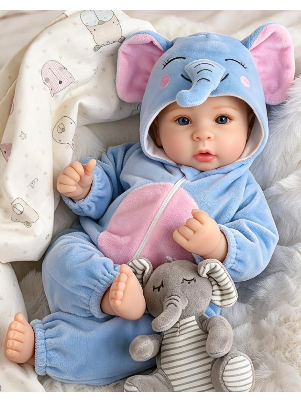 17-Inch Blue Elephant Reborn Realistic Baby Doll Gift Kids 3+ with Accessories